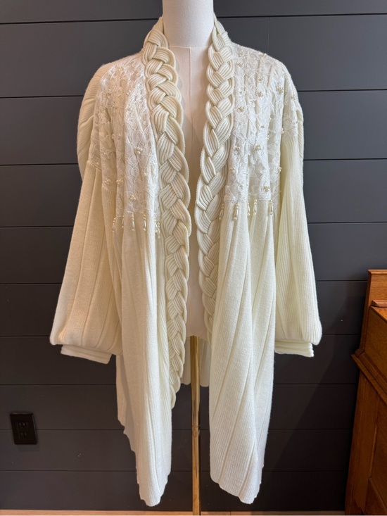Roaman's Sweaters - Roaman’s 1X Ivory Braided Shawl Collar Cardigan | Lace Beaded Open Front Sweater